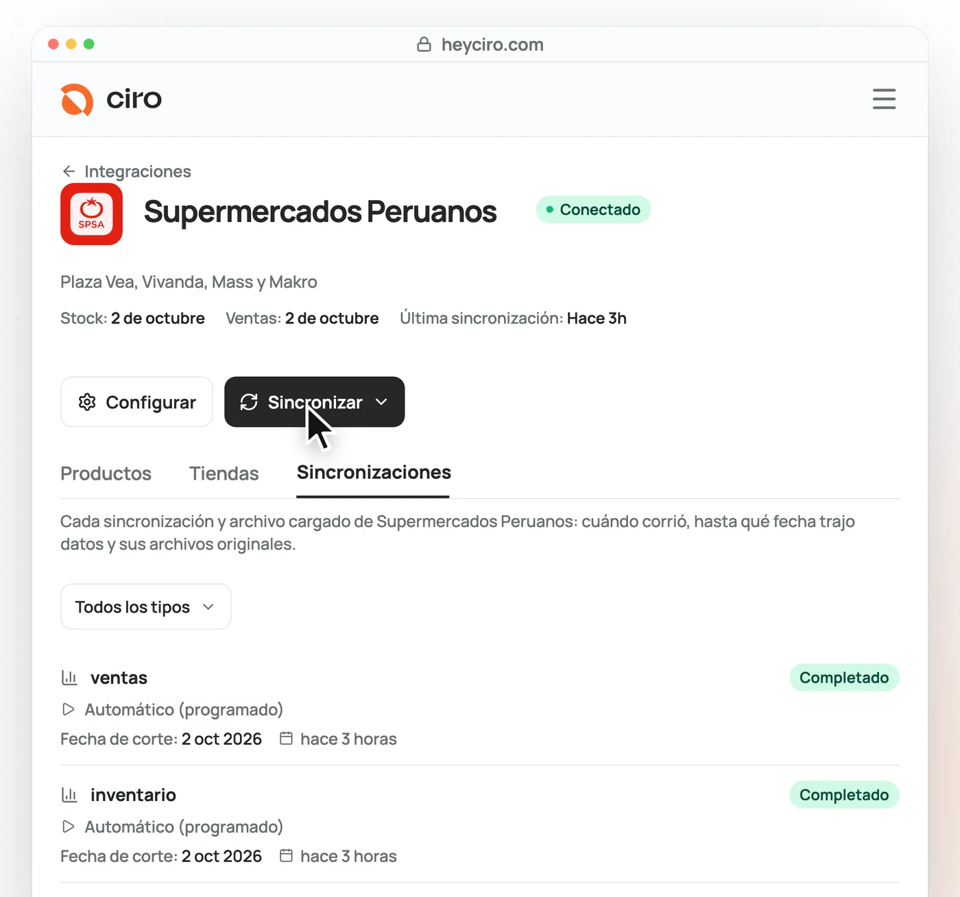 Integración de Supermercados Peruanos en Ciro: conectada, con stock y ventas al 2 de octubre, la última sincronización hace 3 horas, el botón Sincronizar y el historial de sincronizaciones de ventas e inventario completadas.